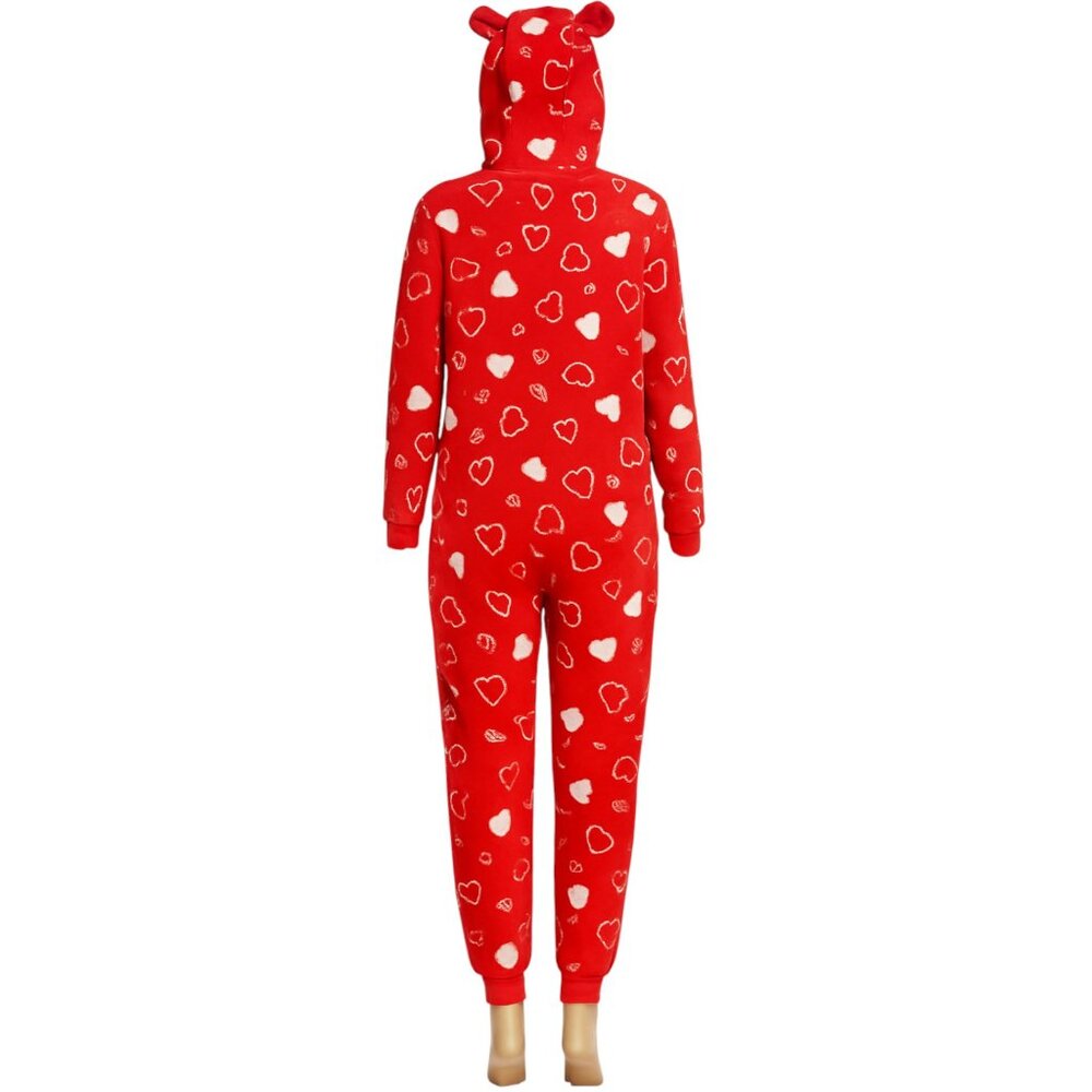 Angelina Red Heart Print Hooded One-Piece Pajamas | Zip-Up Fleece | S/M & L/XL - Picture 5 of 9